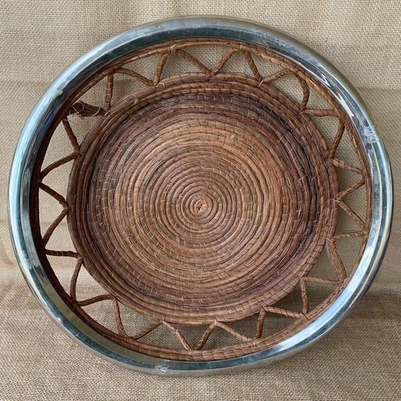 Vintage Rope Basket Silver Trim Wedding Serving Bowl Boho - Picture 1 of 8